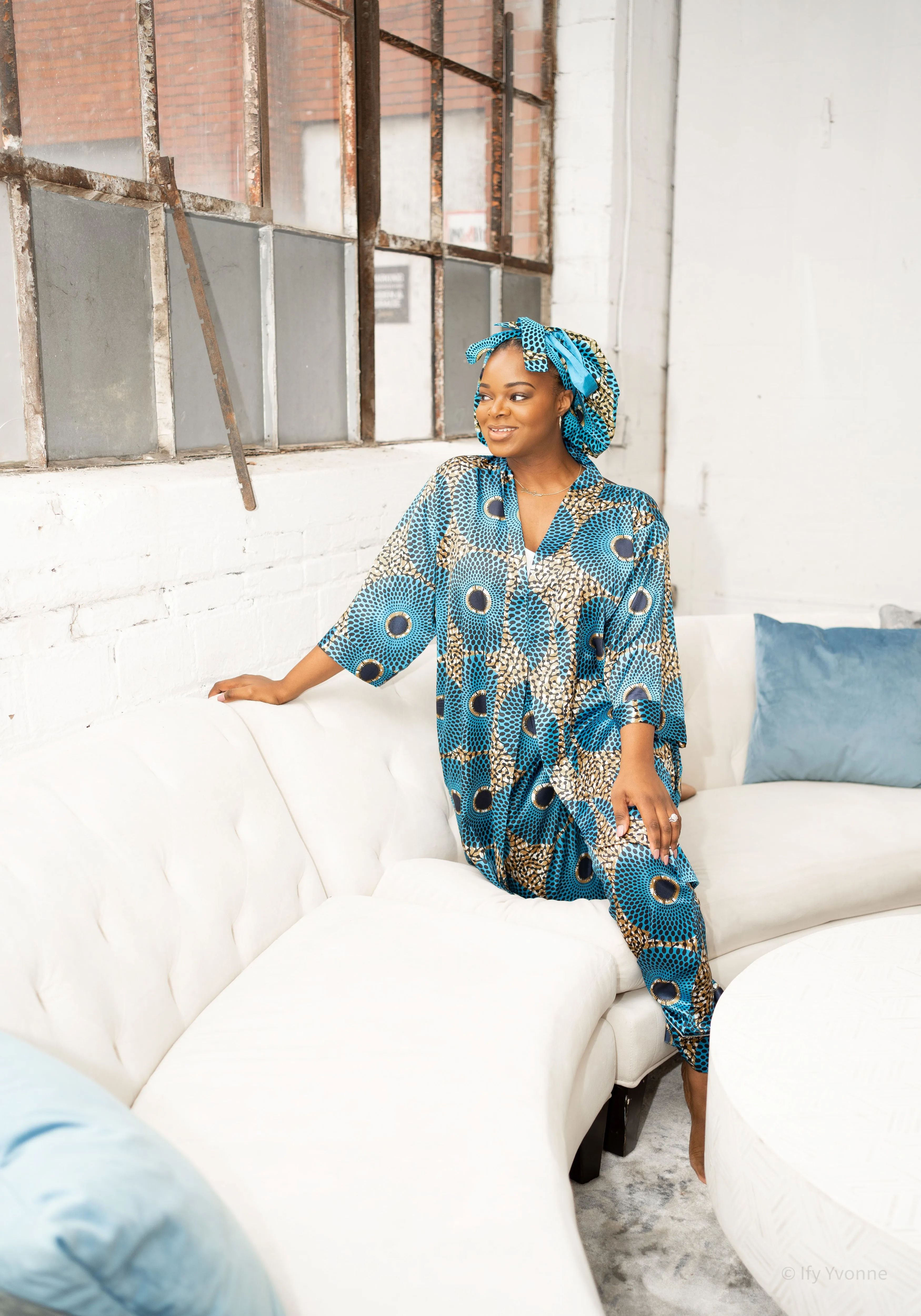 African Print Satin Robe (Aqua Blue)