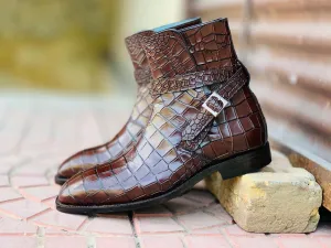 Awesome Handmade Men's Brown Alligator Textured Leather Jodhpur Boots, Men Fashion Dress Ankle Boots