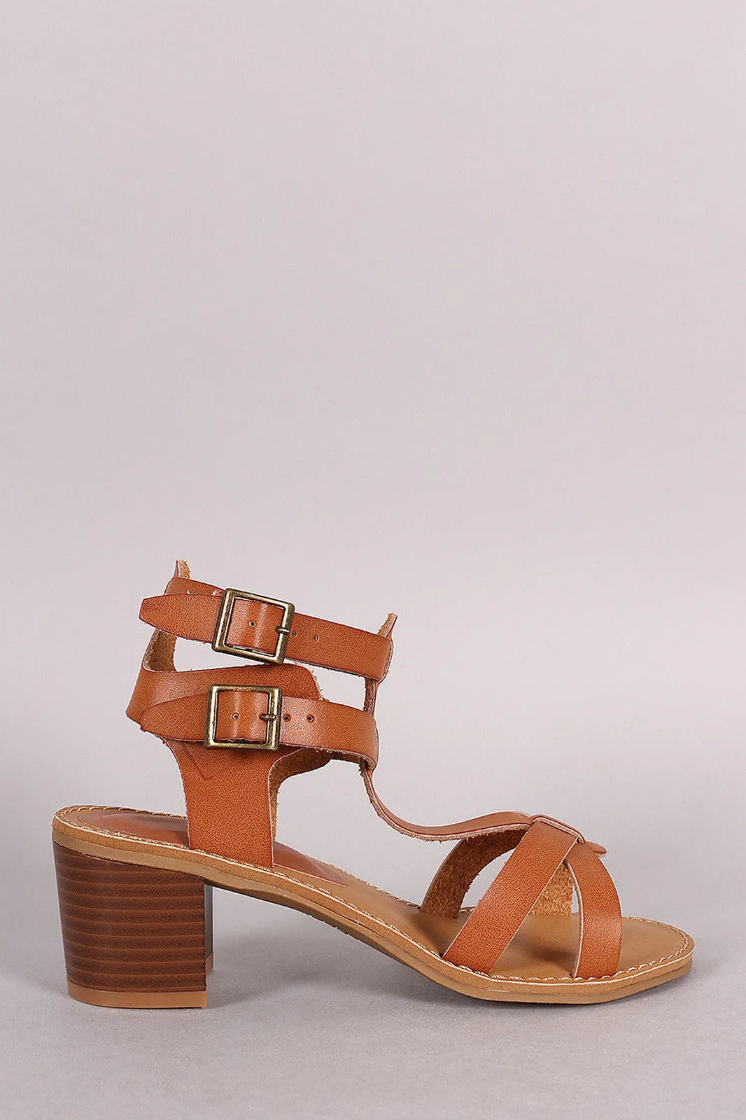 Bamboo Ankle Cuff Cirsscross Strap Chunky Heel