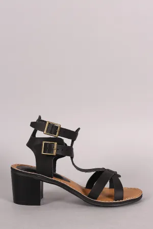 Bamboo Ankle Cuff Cirsscross Strap Chunky Heel