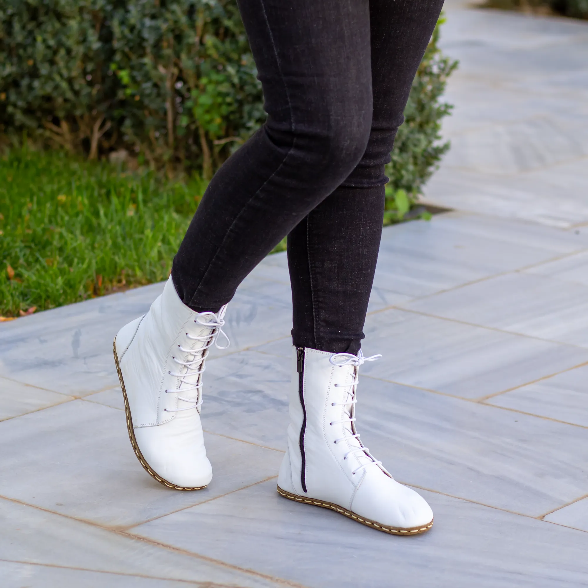 Barefoot Leather Lace-up White Boots for Women