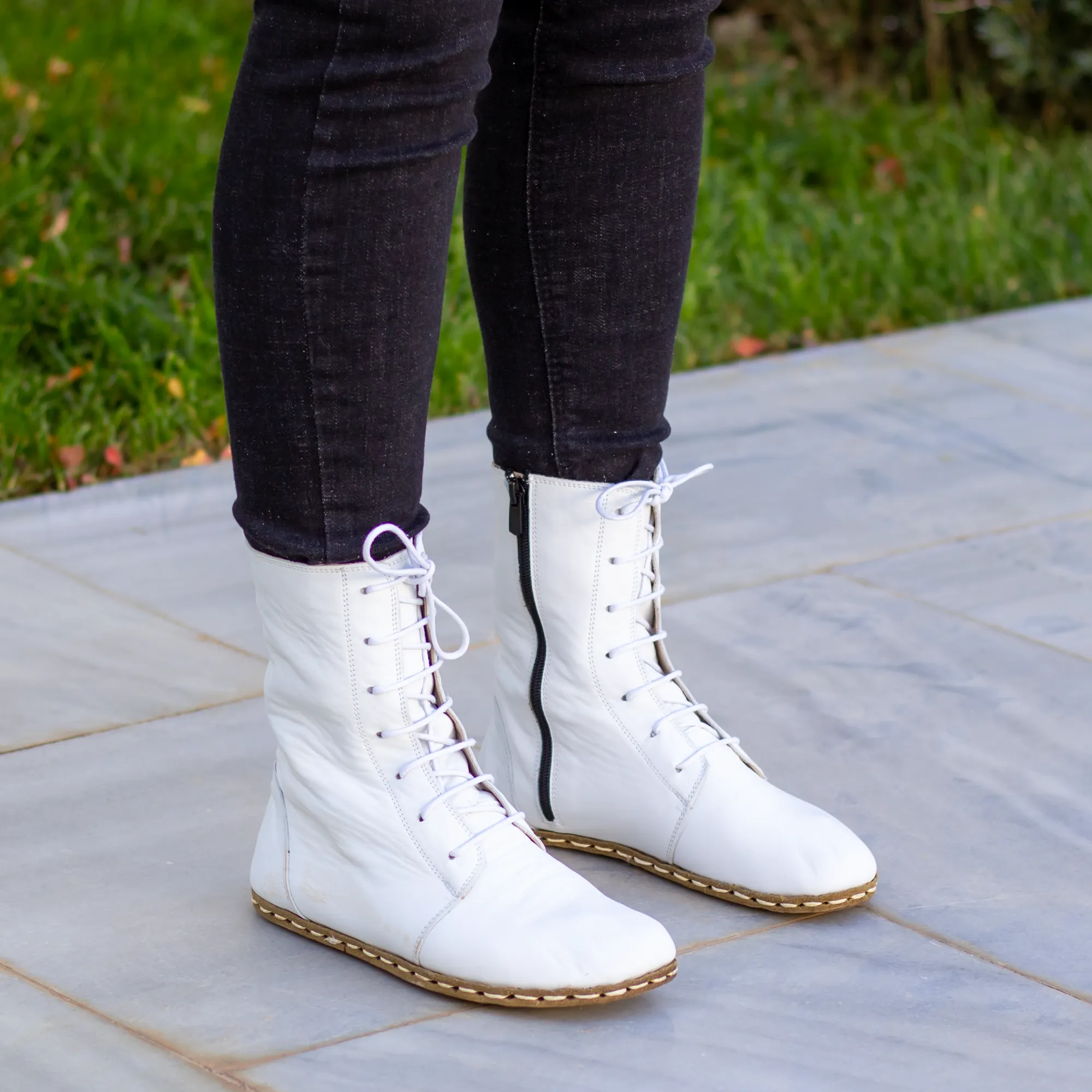 Barefoot Leather Lace-up White Boots for Women