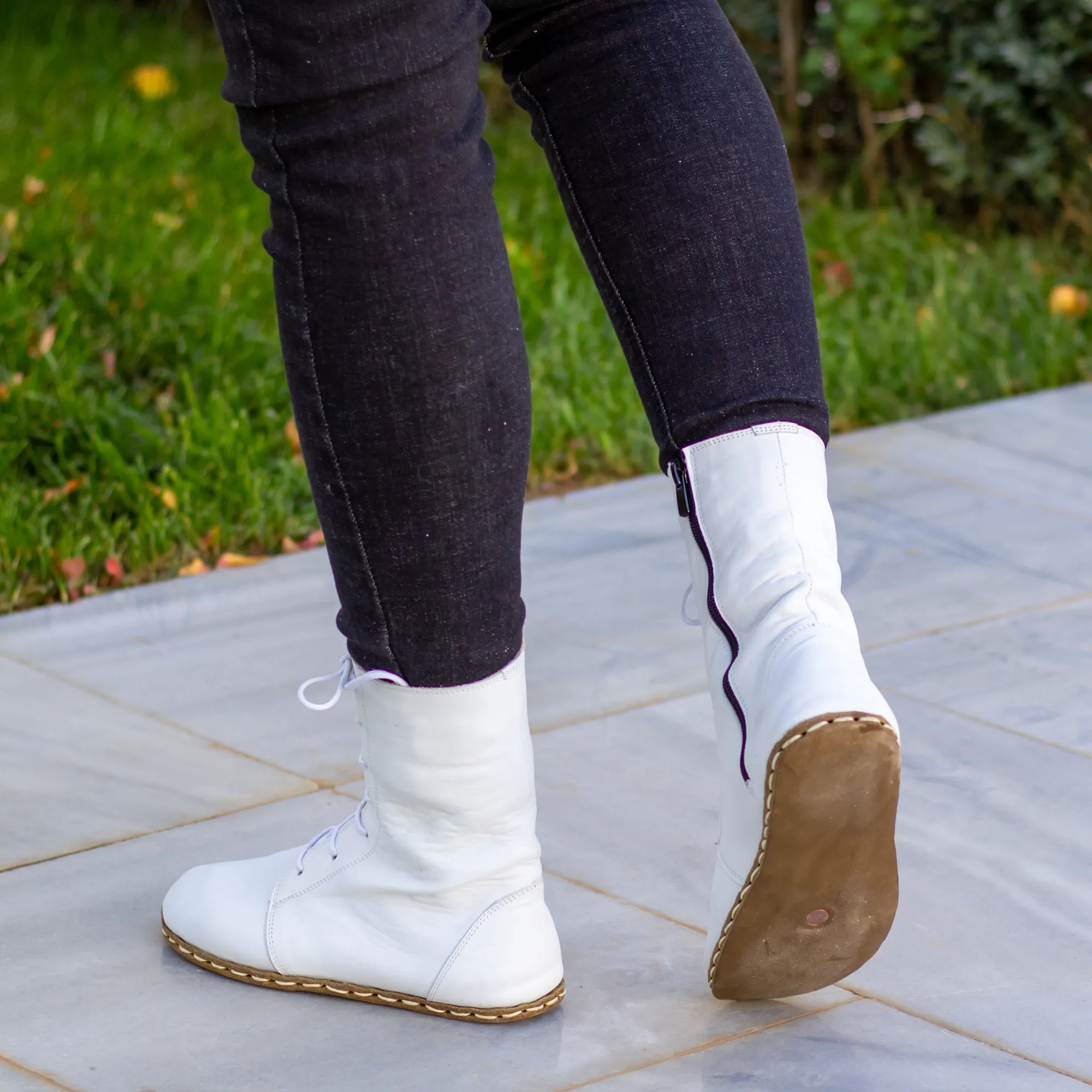 Barefoot Leather Lace-up White Boots for Women