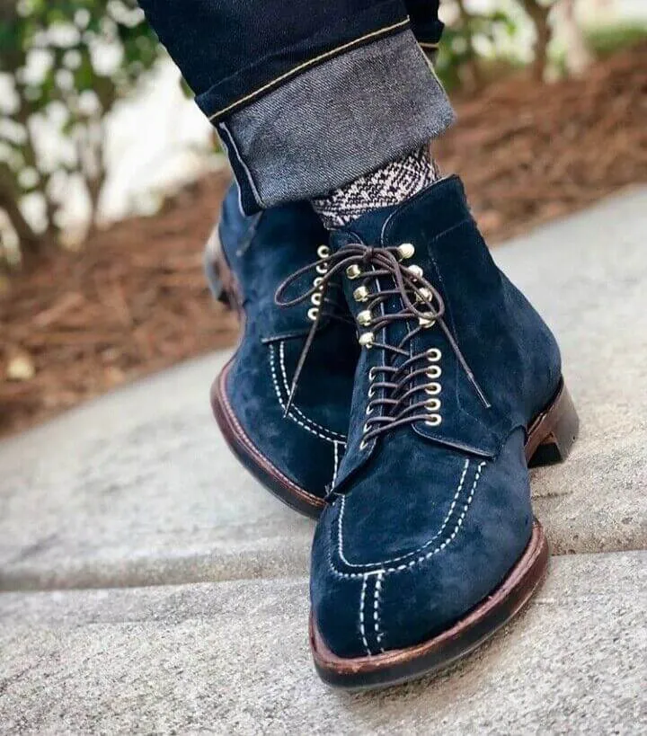 Bespoke Navy Blue Suede Ankle Split Toe Boot,Oxford Boot