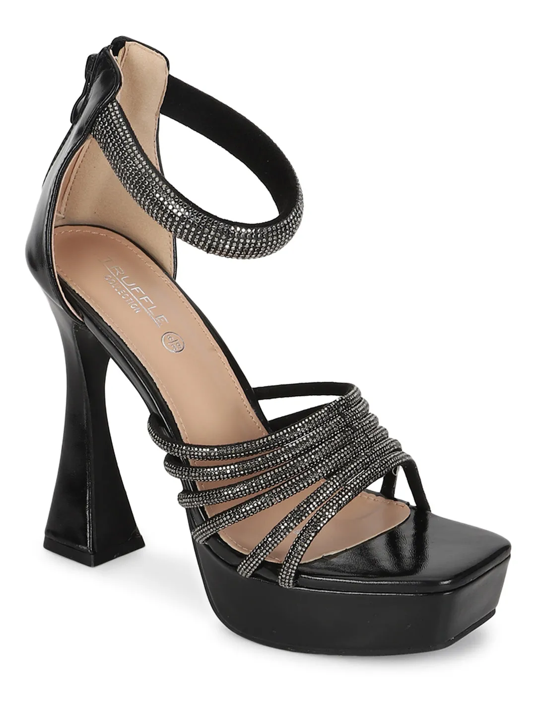 Black Embellished Block High Heel Platform Sandals (TC-RS3606-BLK)