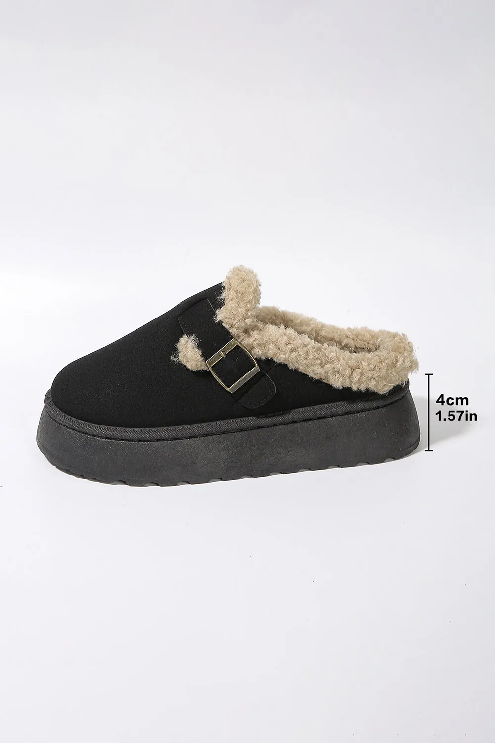 Black Plush Patched Buckle Decor Thick Sole Thermal Slippers