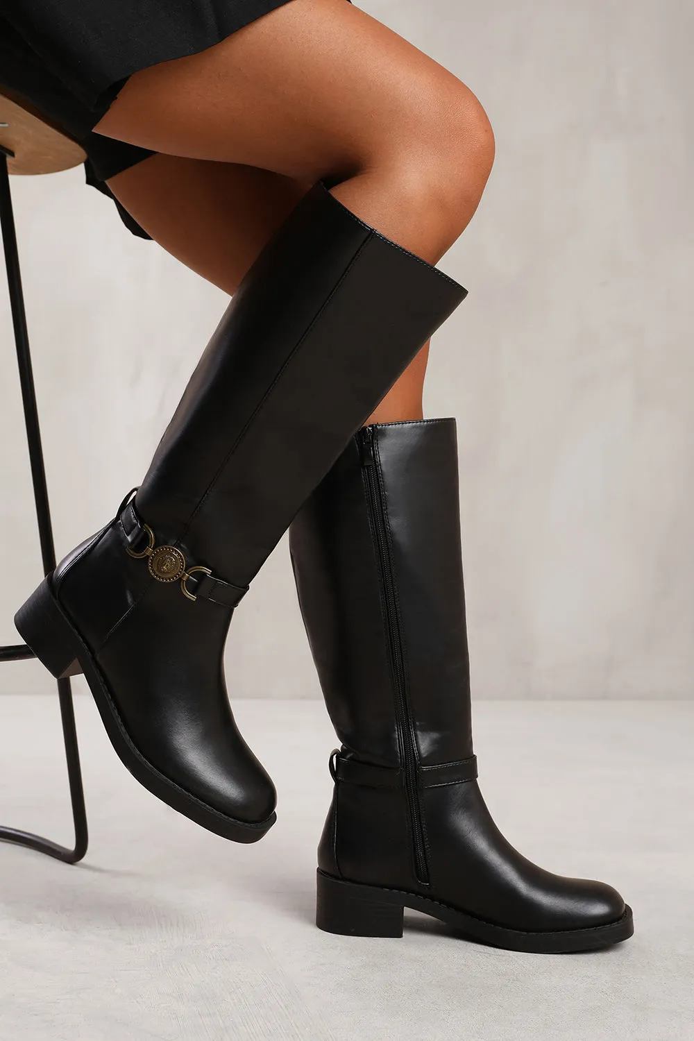 Black PU Designer Detail Knee High Heeled Boot