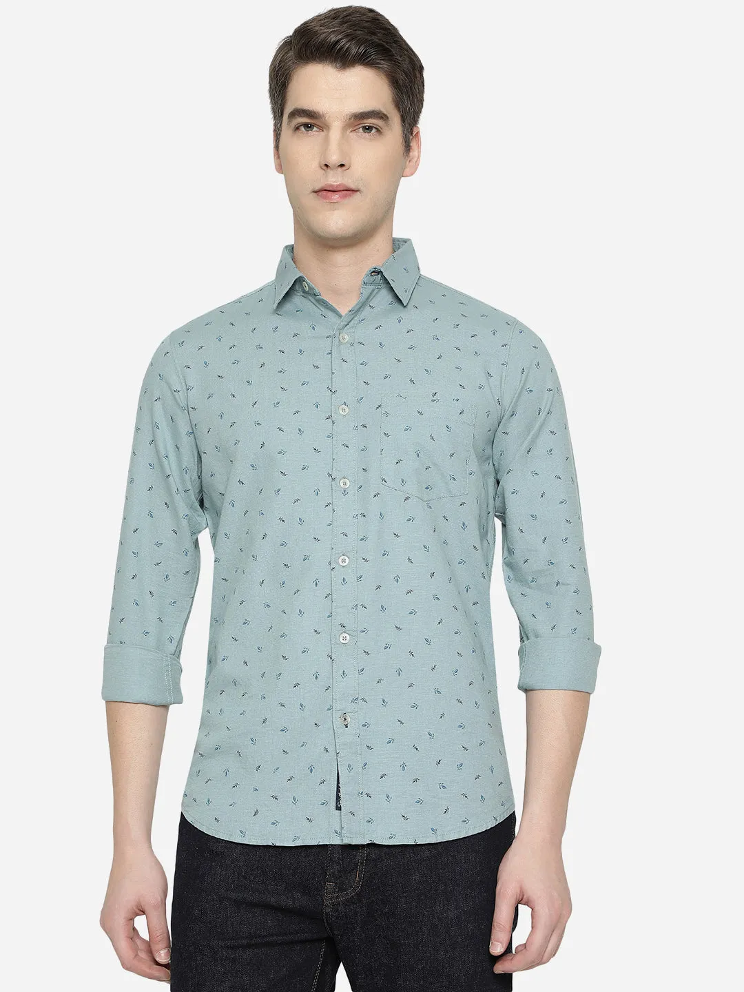 Canal Blue Printed Slim Fit Semi Casual Shirt | JadeBlue