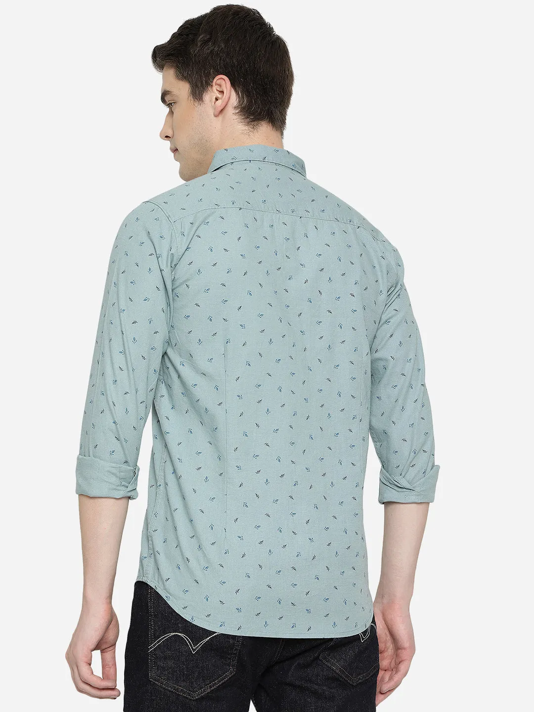 Canal Blue Printed Slim Fit Semi Casual Shirt | JadeBlue