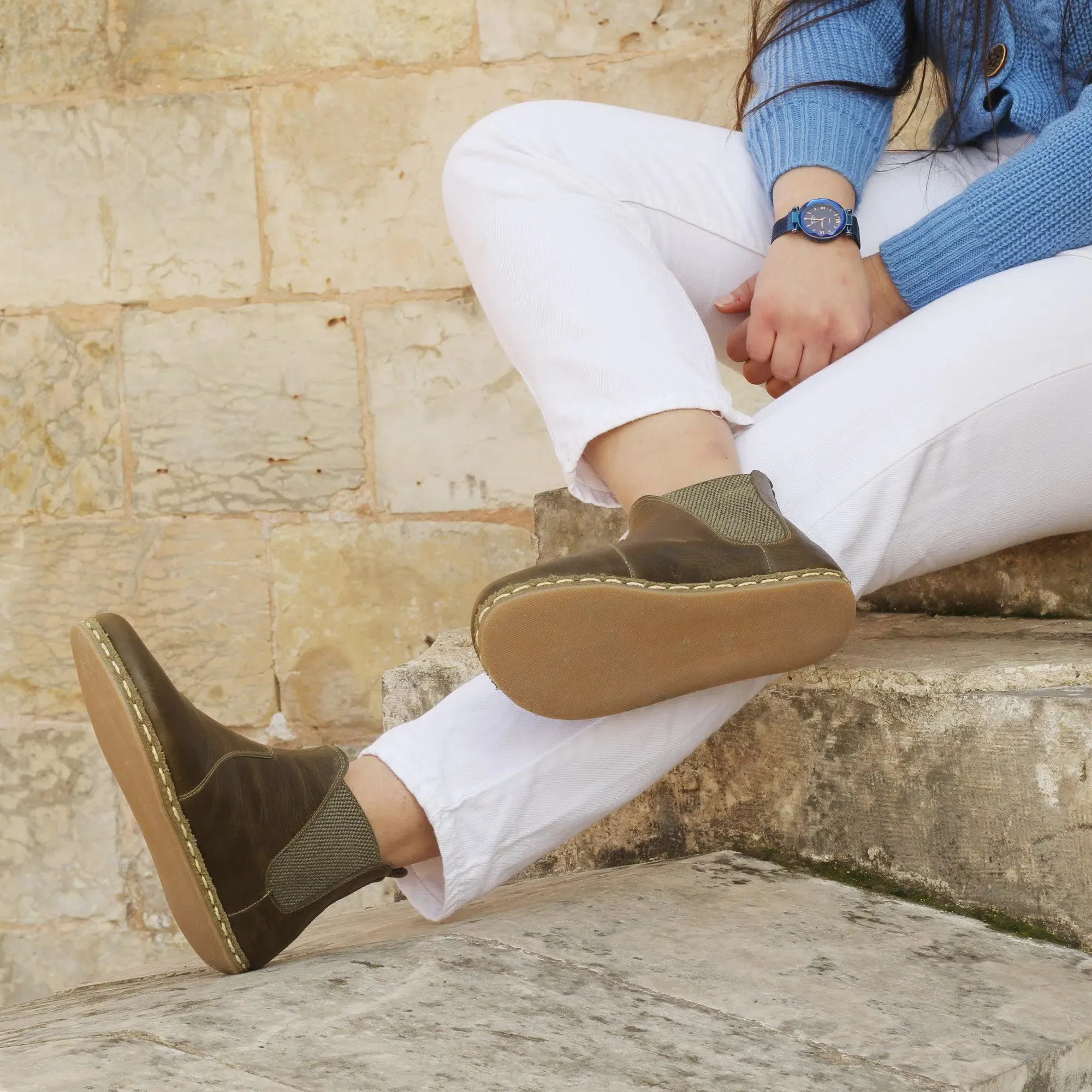 Chelsea Barefoot Boots Military Green Handmade Women's