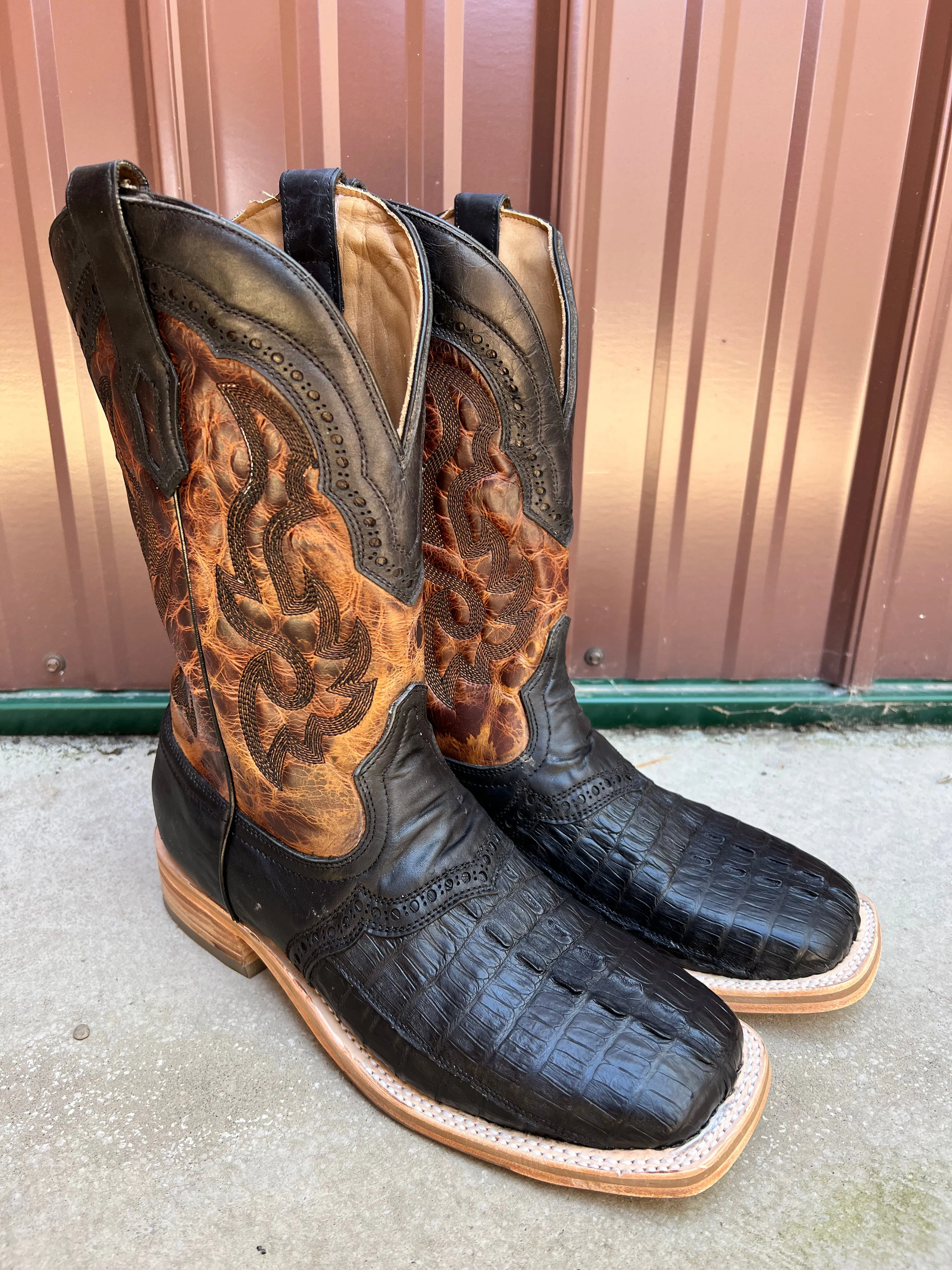 Corral Men's Black Caiman Overlay Wide Square Toe Cowboy Boots A4282