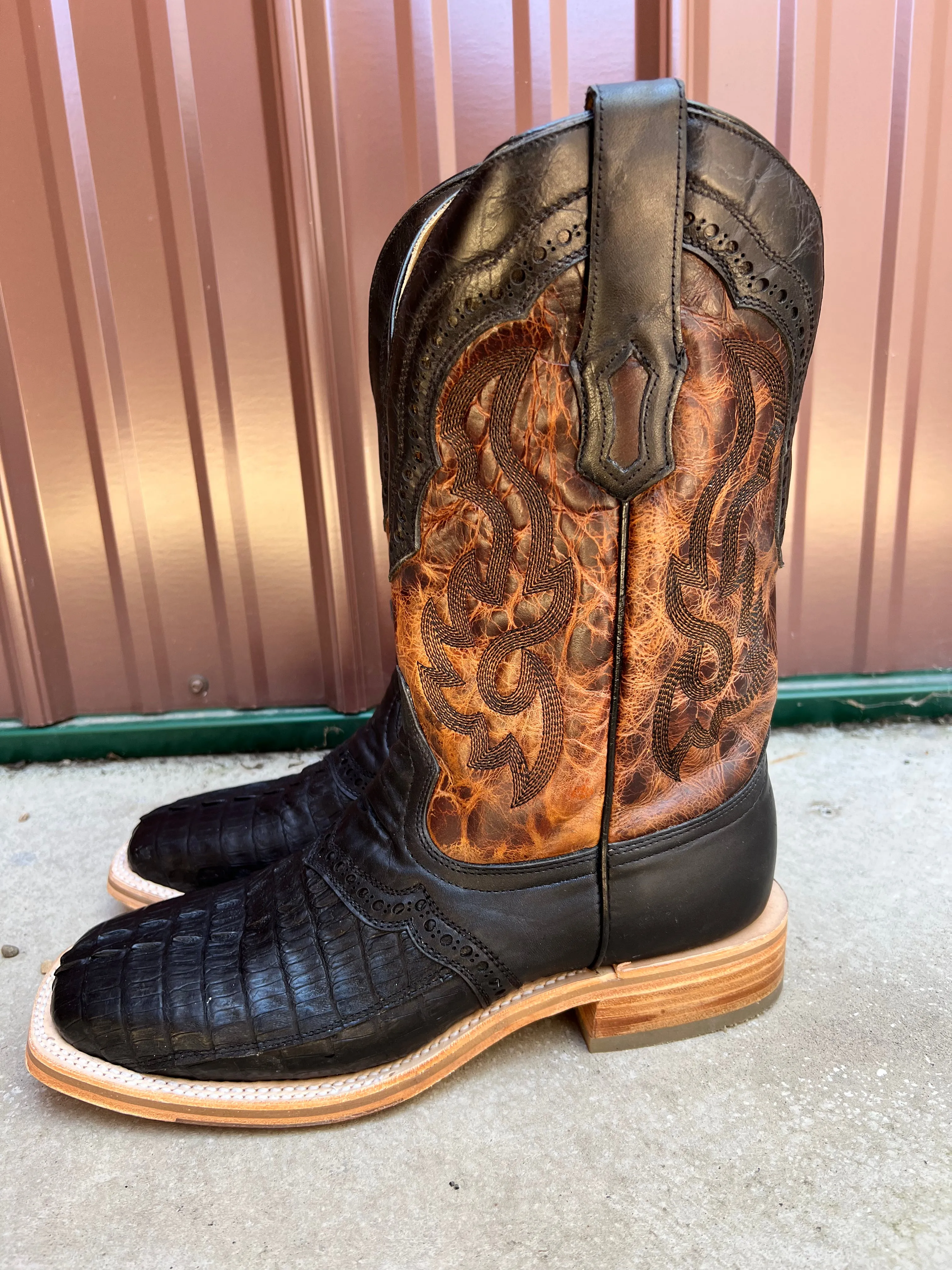 Corral Men's Black Caiman Overlay Wide Square Toe Cowboy Boots A4282