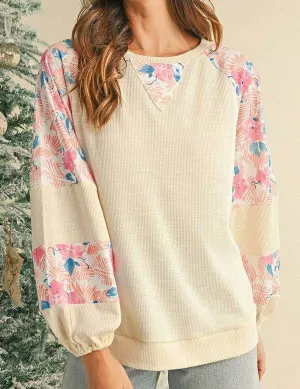 Cotton Ribbed Floral Stitch Balloon Pull Over