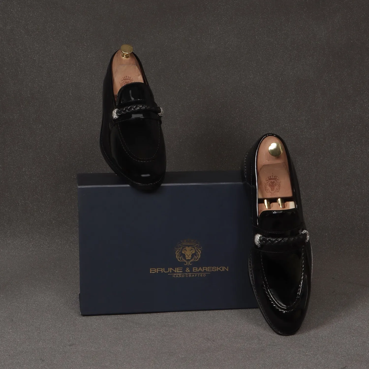 Crystal Beads Embellishments Loafers in Black Patent Leather