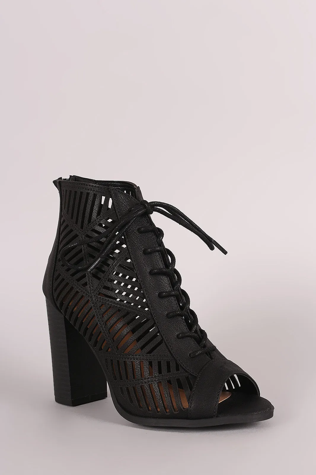 Delicious Geo Cutout Lace-Up Chunky Heeled Booties