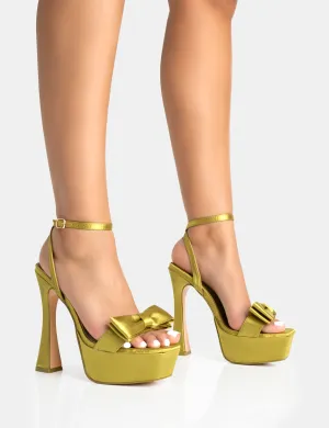 Dreamer Olive Green Satin Extreme Bow Platform Flared Stiletto Heels