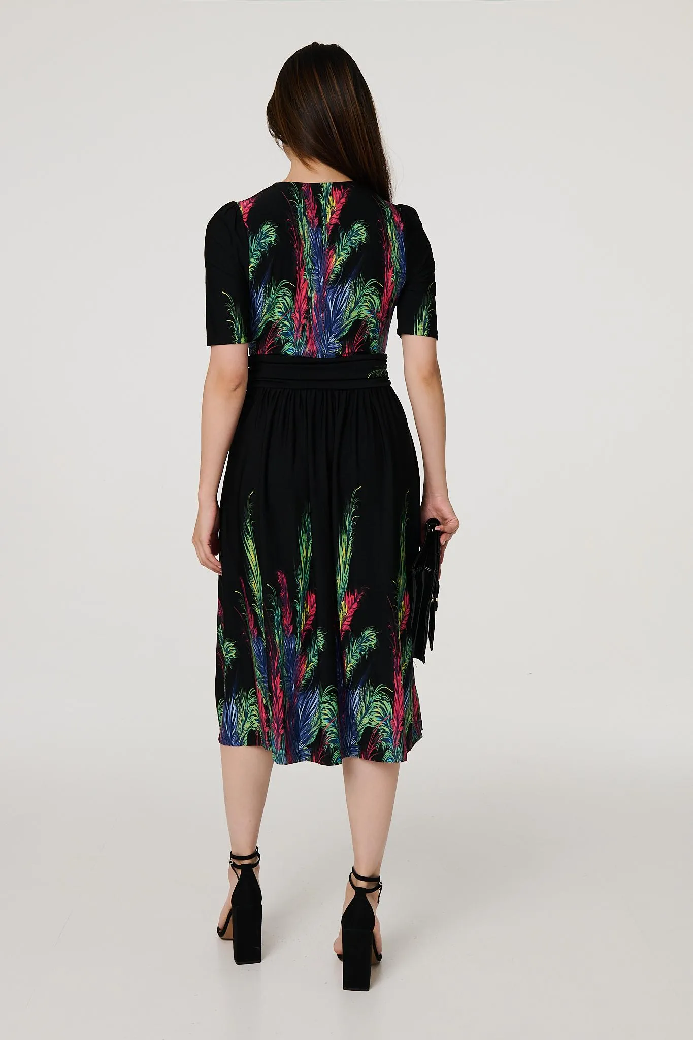 Feather Print Faux Wrap Front Midi Dress