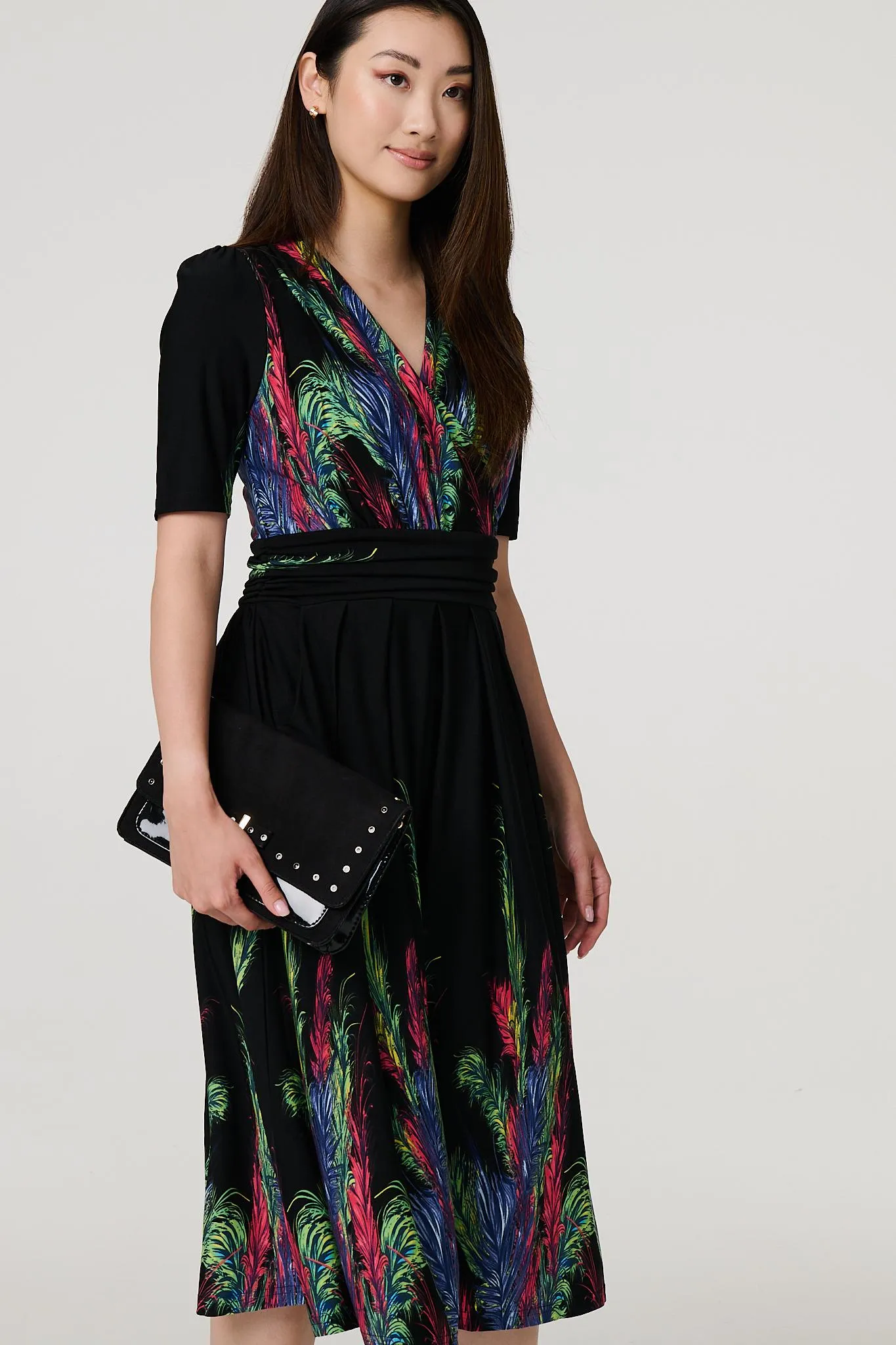 Feather Print Faux Wrap Front Midi Dress