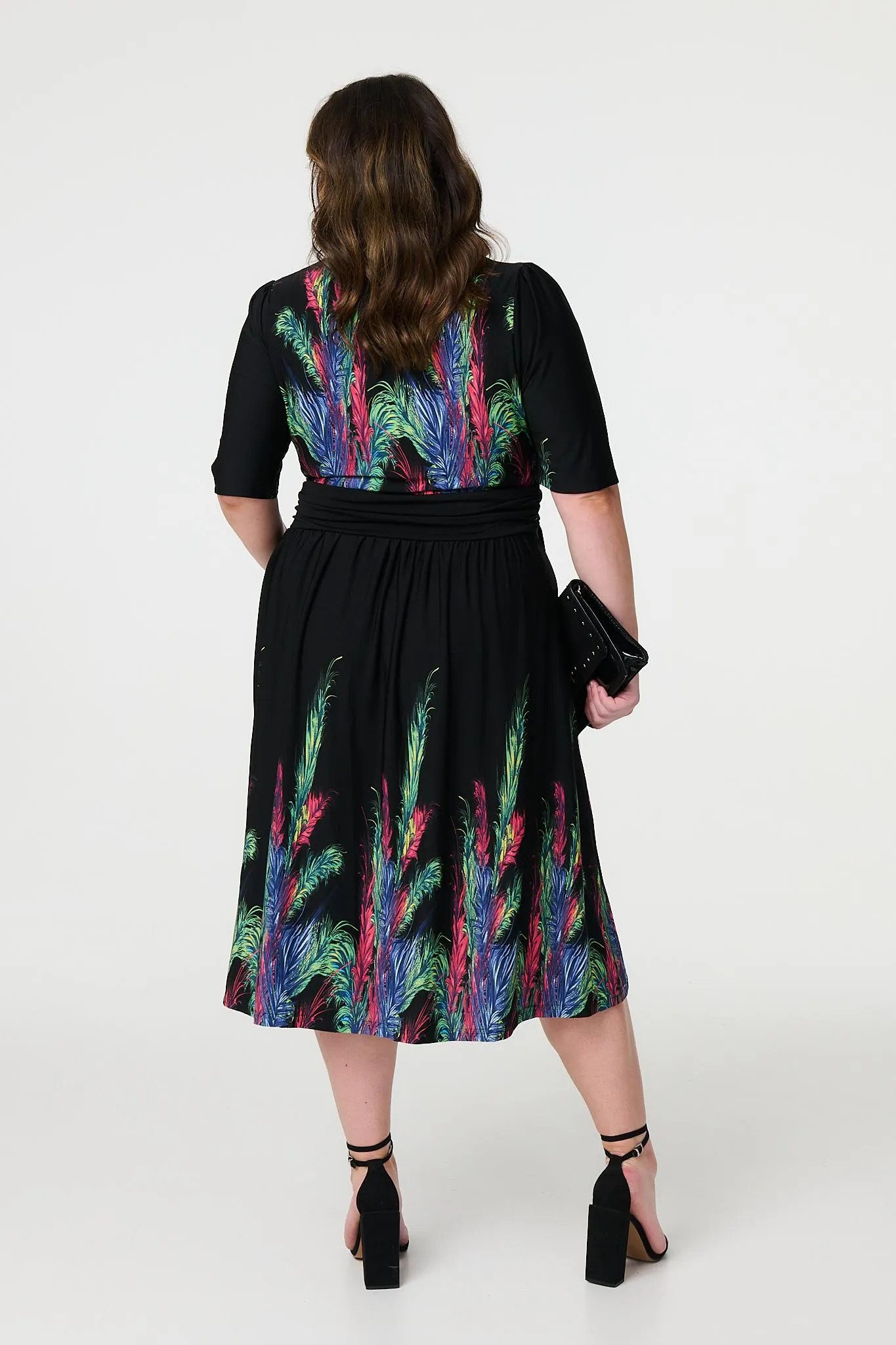 Feather Print Faux Wrap Front Midi Dress