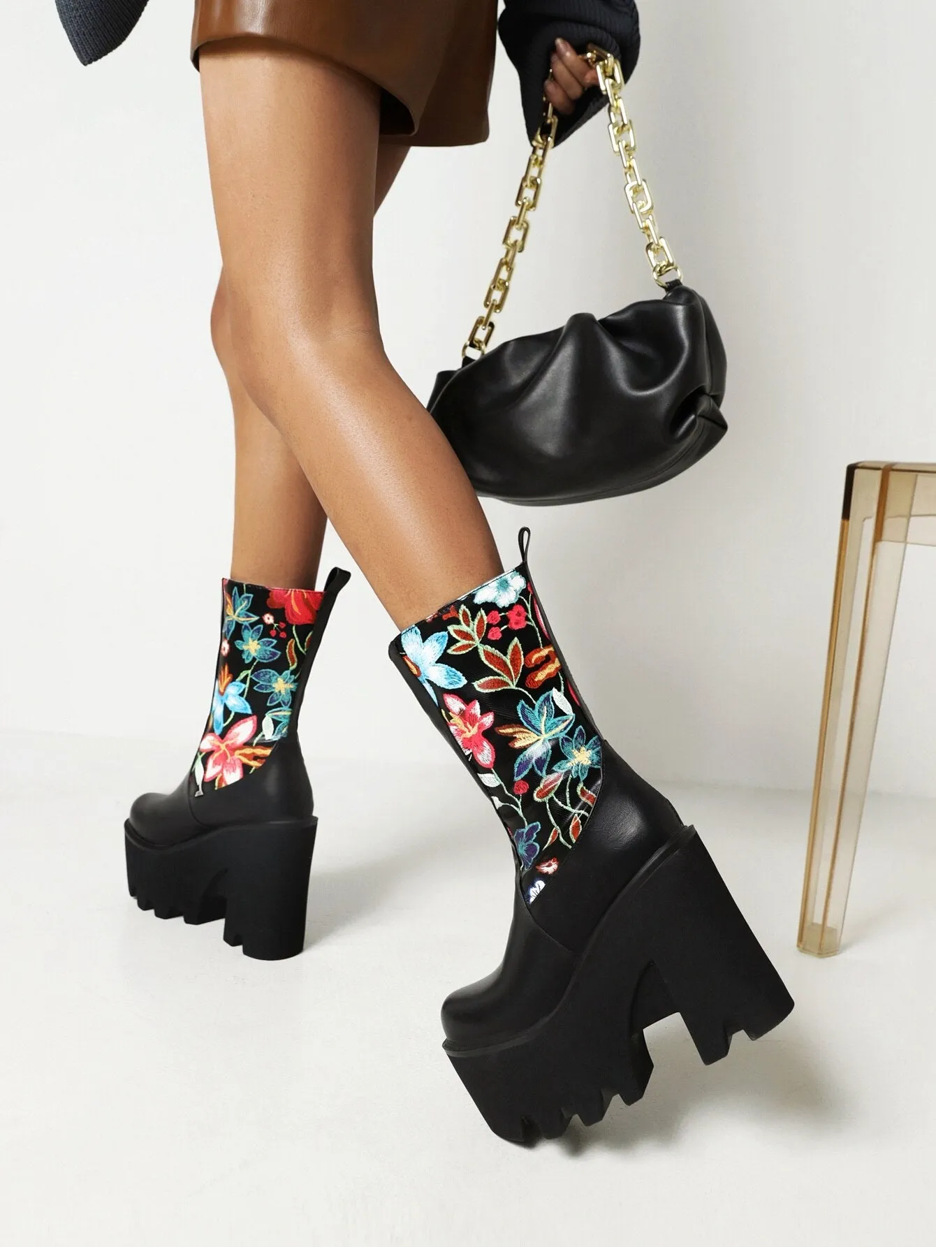 Floral Patchwork PU Mid-Calf Platform Boots