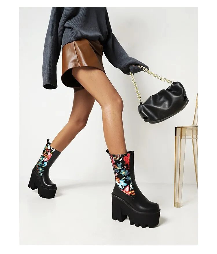 Floral Patchwork PU Mid-Calf Platform Boots