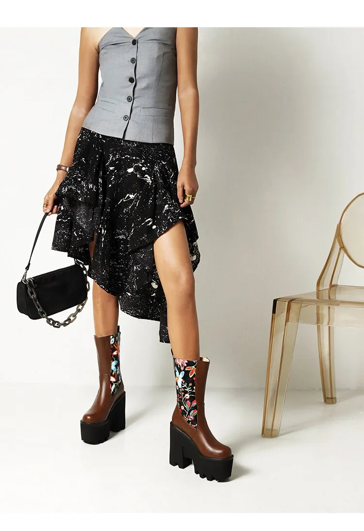 Floral Patchwork PU Mid-Calf Platform Boots