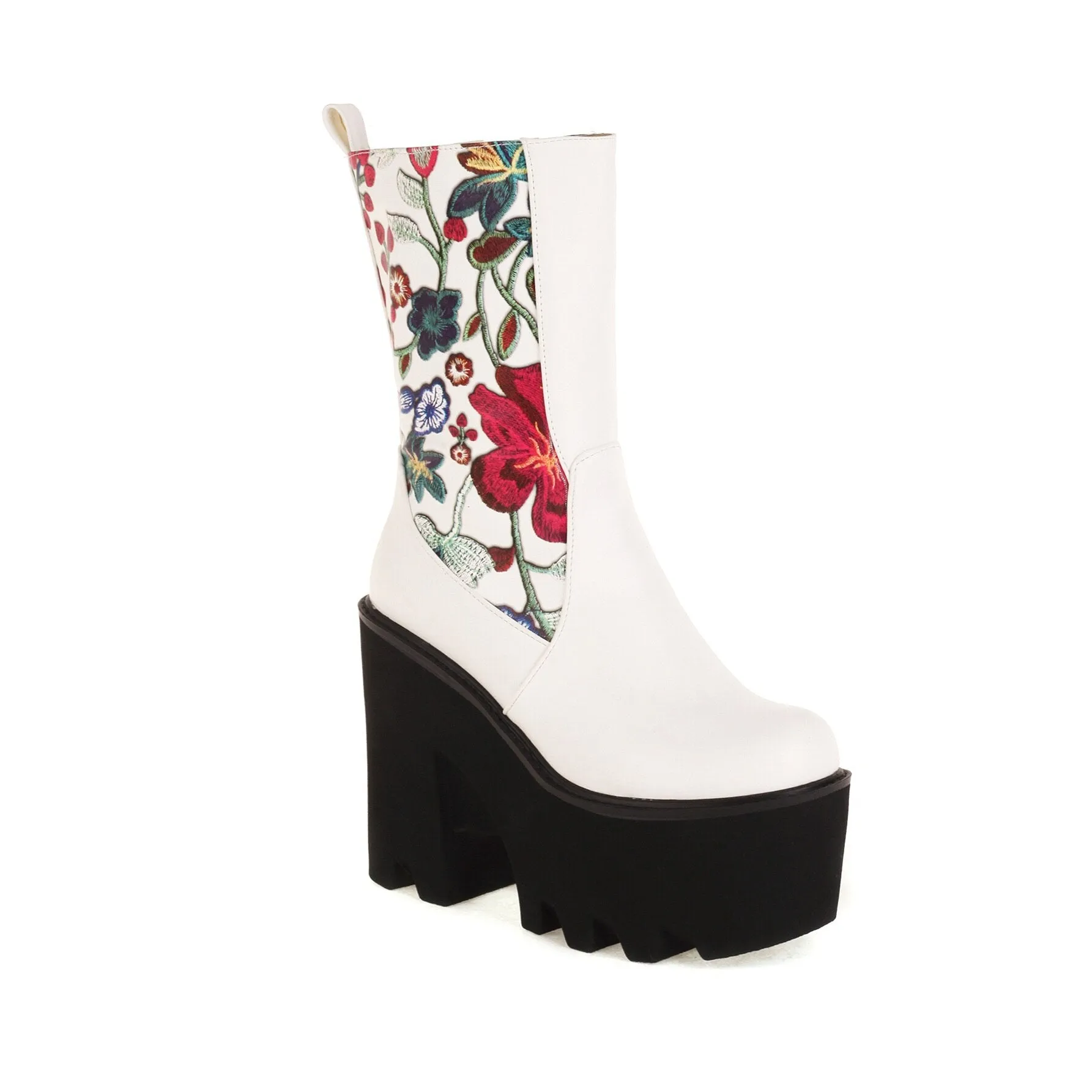 Floral Patchwork PU Mid-Calf Platform Boots