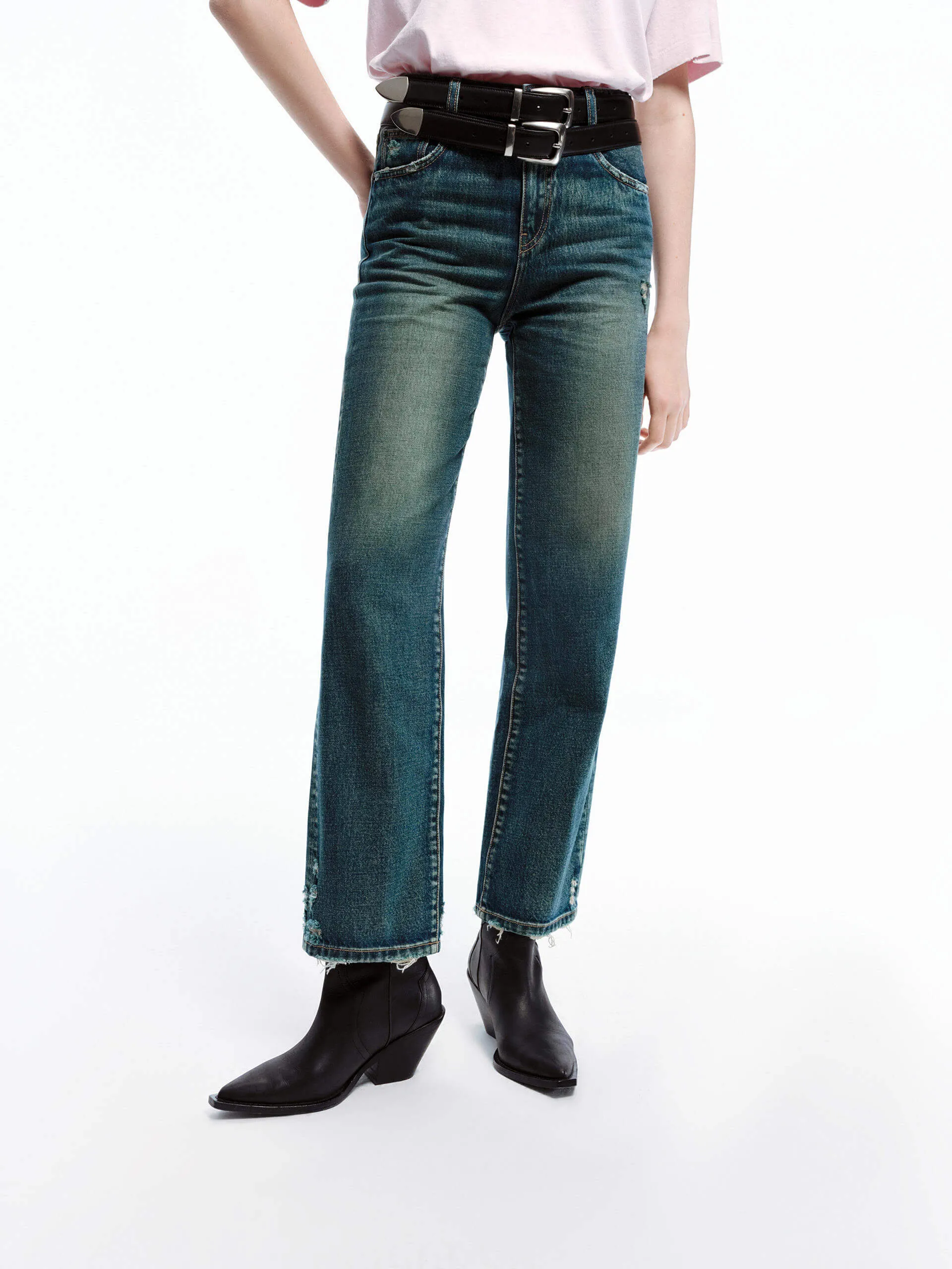 Frayed Detail Straight Jeans