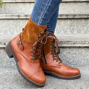 Genuine Leather Low Heel Lace-up Buckle Cowboy Boots