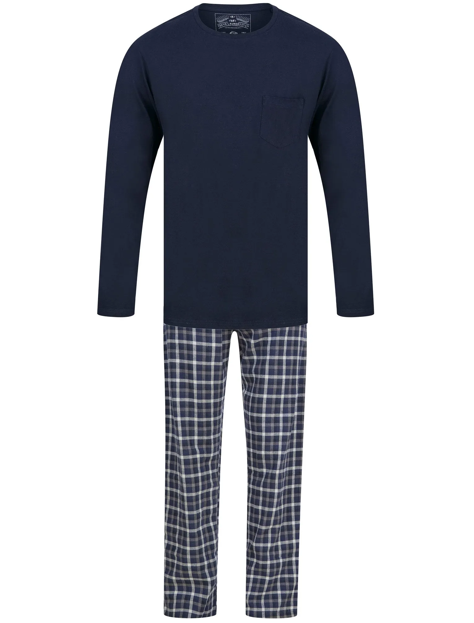 Glencoe 2pc Crew Neck Long Sleeve Cotton Checked Lounge Set in Sky Captain Navy - Tokyo Laundry