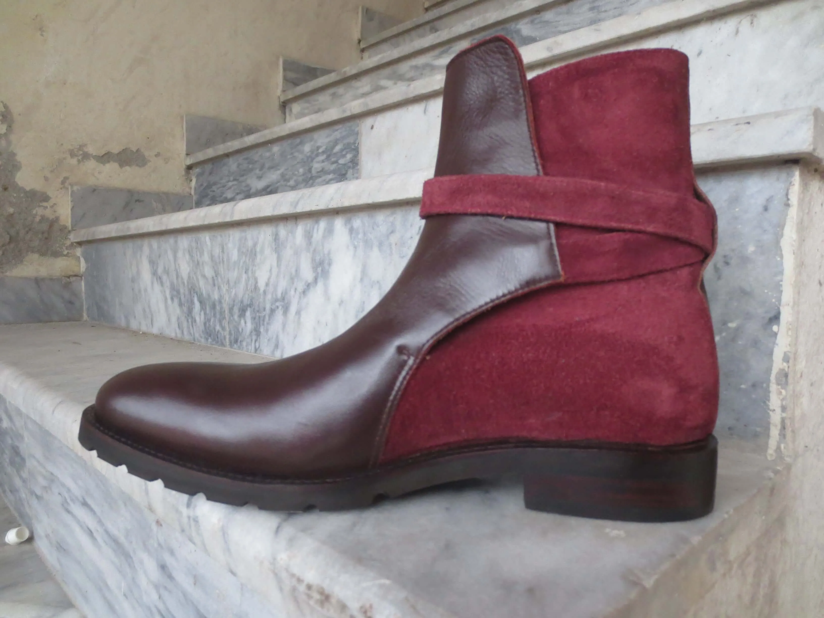 Handmade Brown Burgundy Jodhpurs Leather Suede Boot For Men's