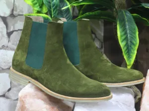 Handmade Men Olive Green Suede Chelsea Boots, Men Fashion Designer Boots