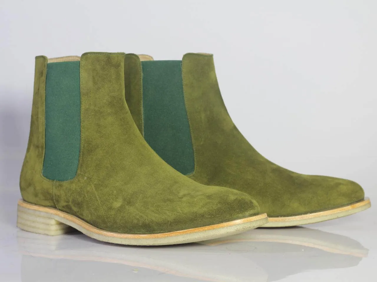 Handmade Men Olive Green Suede Chelsea Boots, Men Fashion Designer Boots