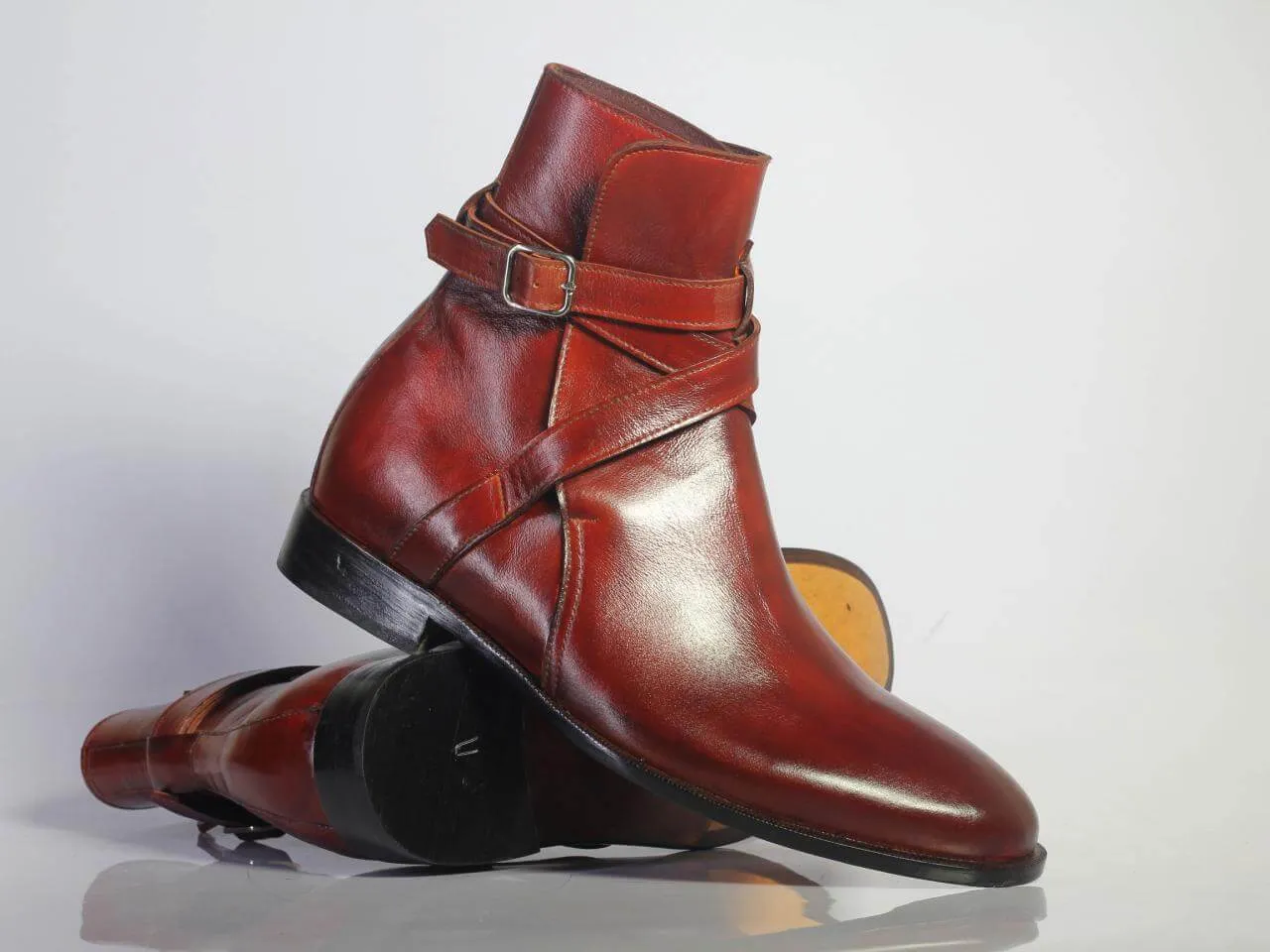 Handmade Men's Ankle High Burgundy Leather Boots, Men Designer Jodhpurs Boots