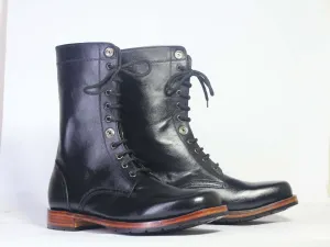 Handmade Men's Black Leather Lace Up Long Boots, Men Ankle Boots, Men Fashion Boots