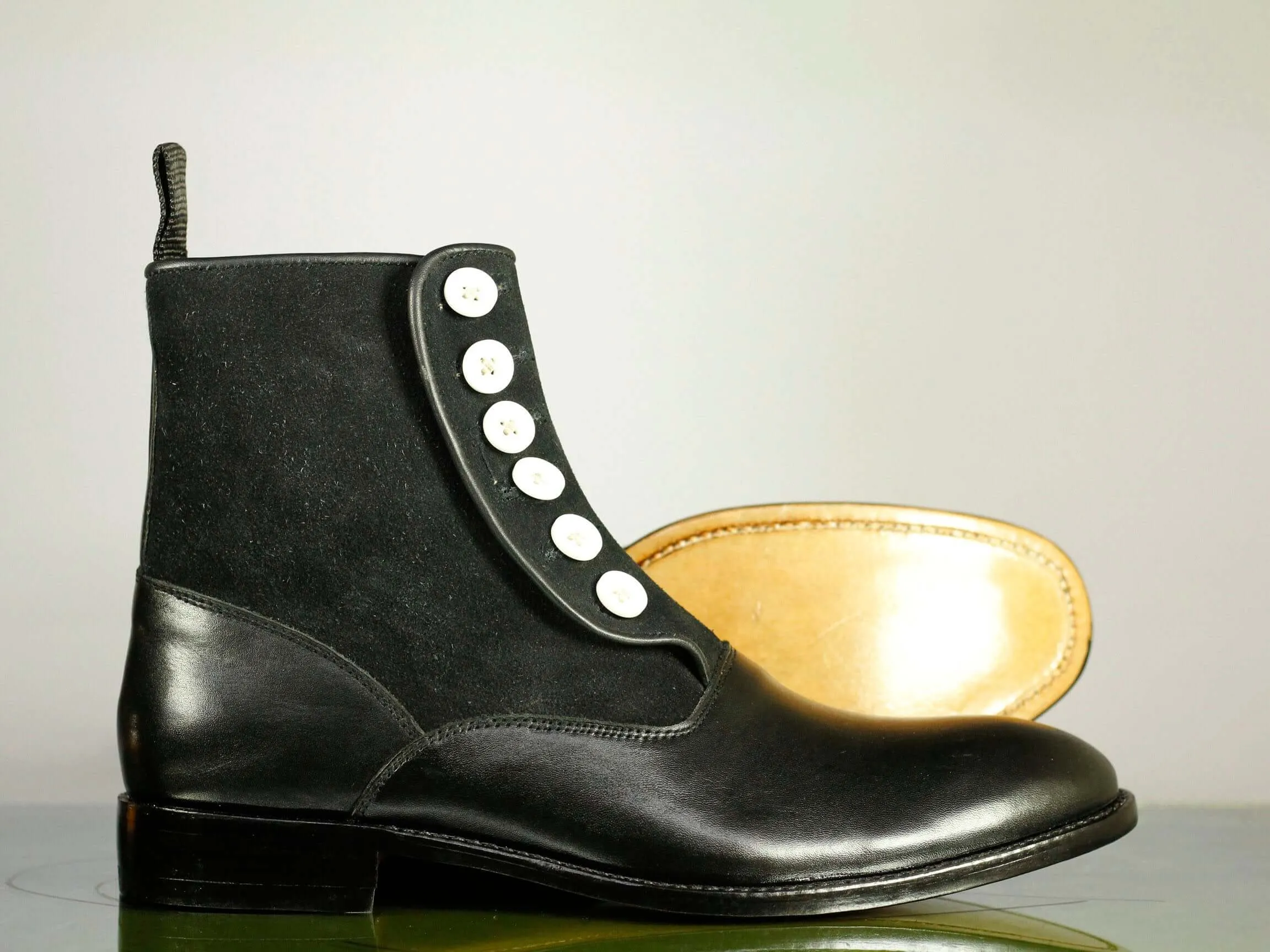 Handmade Men's Black Leather Suede Dress Button Boots, Men Ankle Boots, Men Designer Fashion Boots