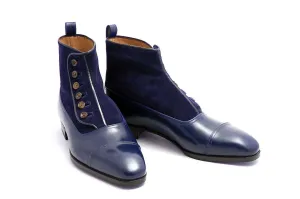 Handmade Men's Blue Ankle High Cap Toe Boots, Men Leather Suede Button Top Boots