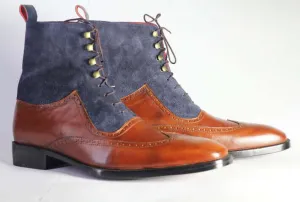 Handmade Men's Brown Blue Wing Tip Leather Suede Lace Up Boots, Men Ankle Boots, Men Designer Boots