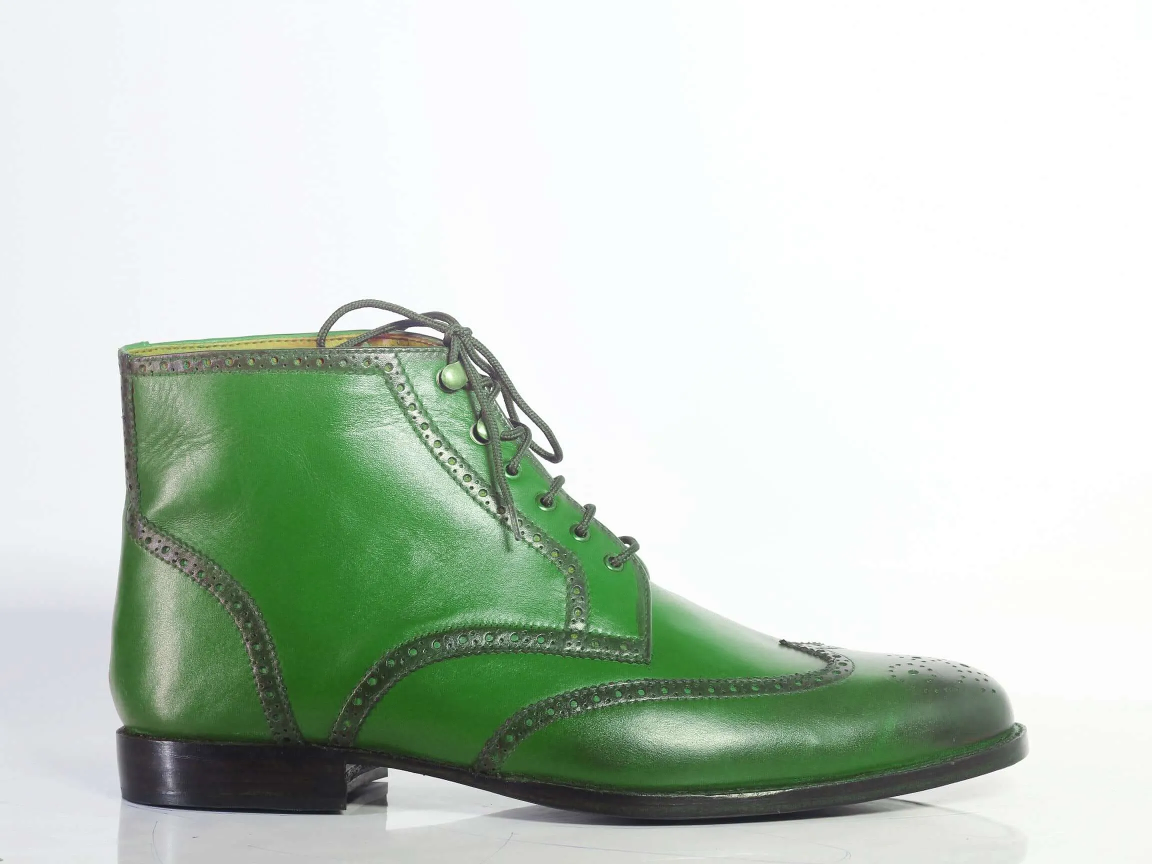 Handmade Men's Green Leather Chukka Boots, Men Wing Tip Brogue Toe Lace Up Boots