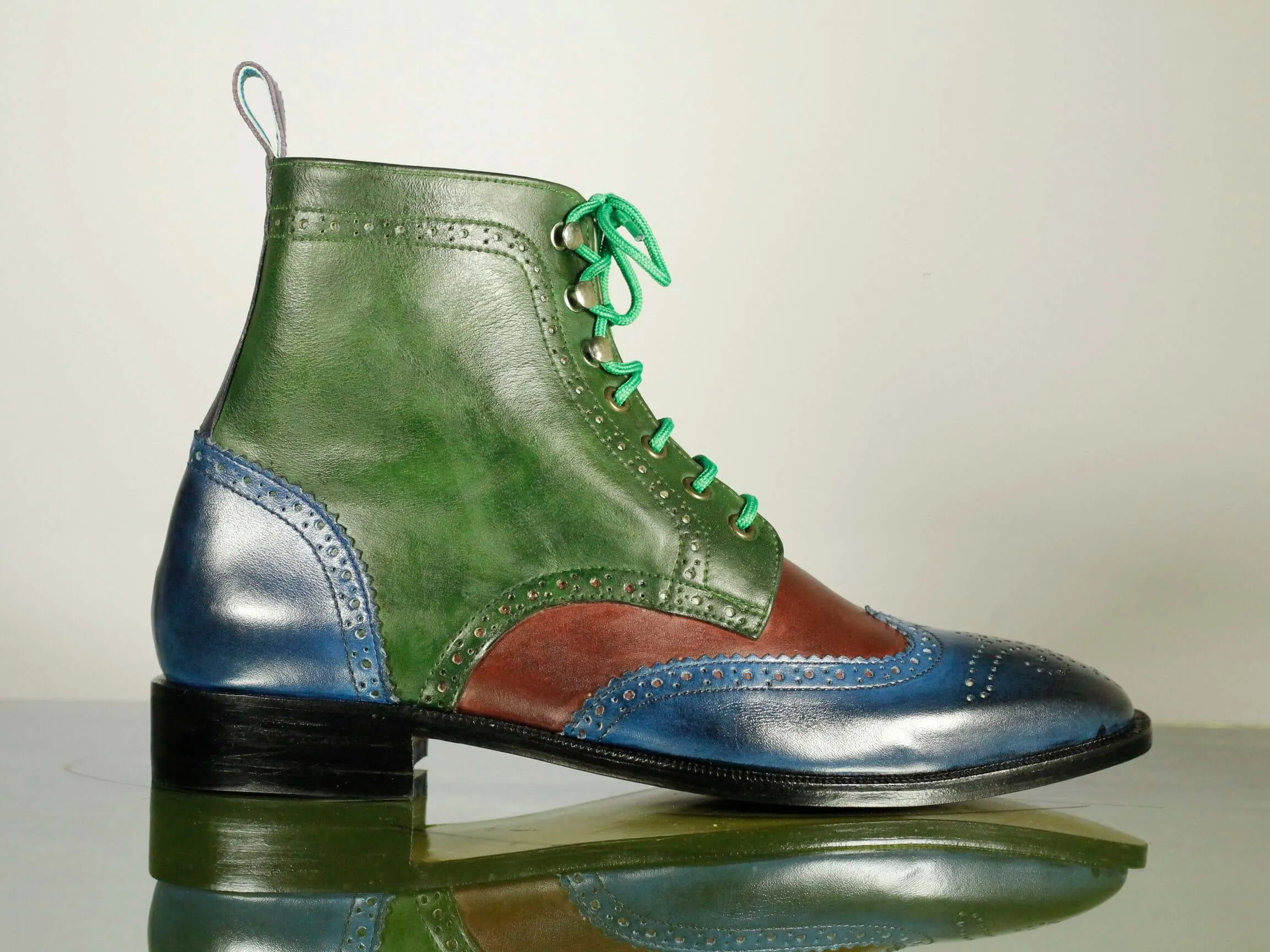 Handmade Men's Multi Color Wing Tip Brogue Leather Boots, Men Ankle Boots, Men Designer Boots