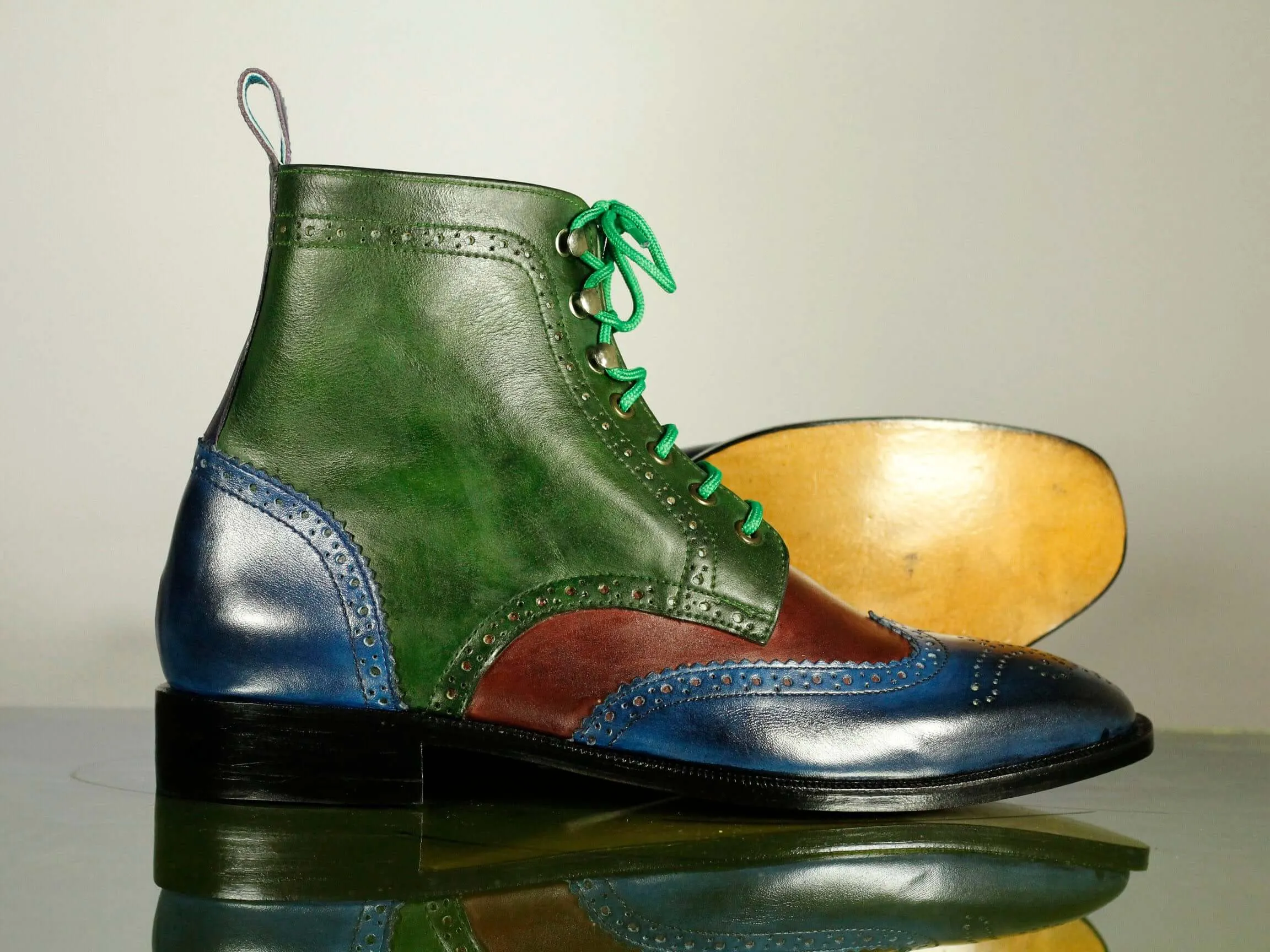 Handmade Men's Multi Color Wing Tip Brogue Leather Boots, Men Ankle Boots, Men Designer Boots