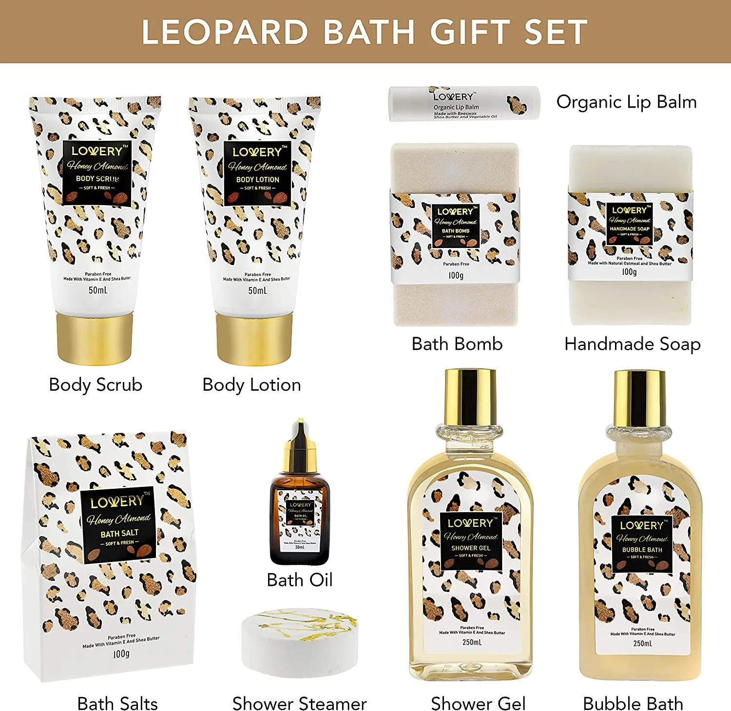 Honey Almond Home Spa Kit - 21Pc Bath and Body Leopard Print Gift Basket