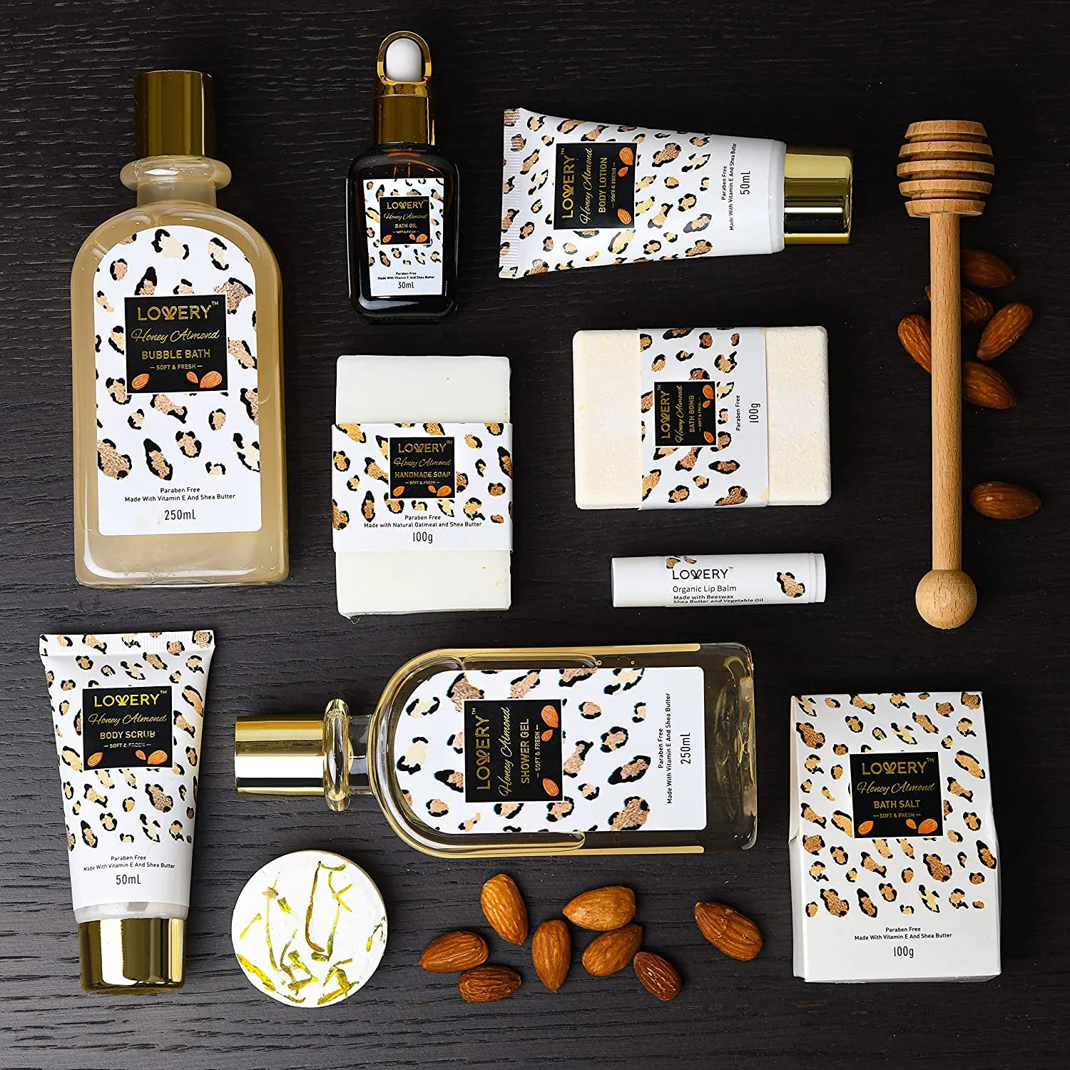 Honey Almond Home Spa Kit - 21Pc Bath and Body Leopard Print Gift Basket