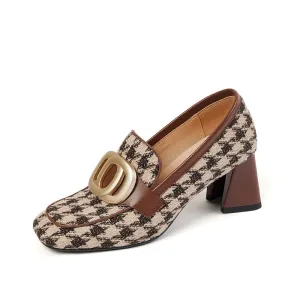 Ivee Chunky Heel Plaid Loafers with Gold Chain