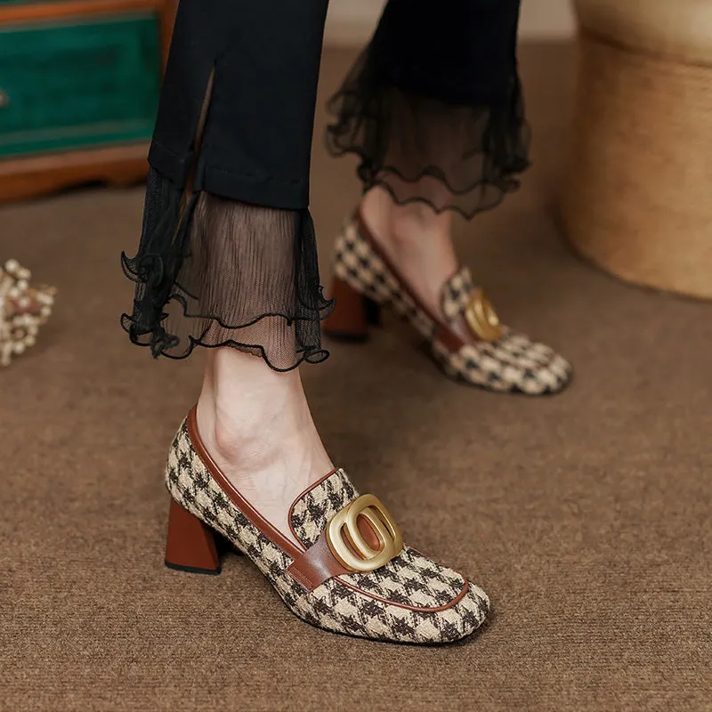 Ivee Chunky Heel Plaid Loafers with Gold Chain