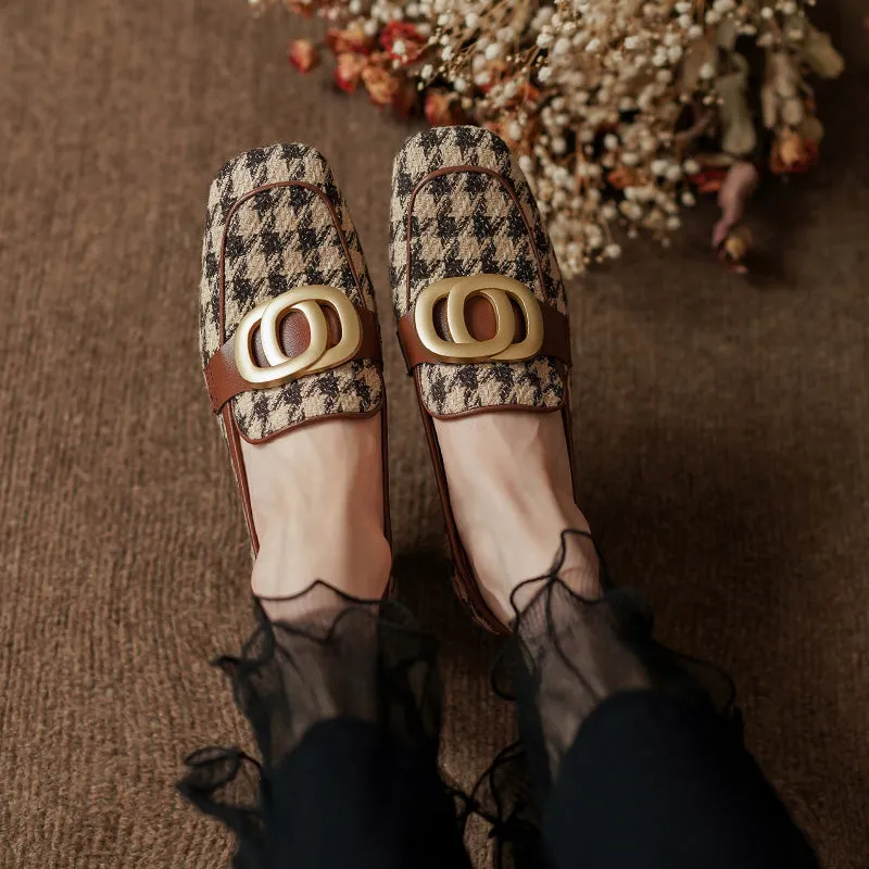 Ivee Chunky Heel Plaid Loafers with Gold Chain