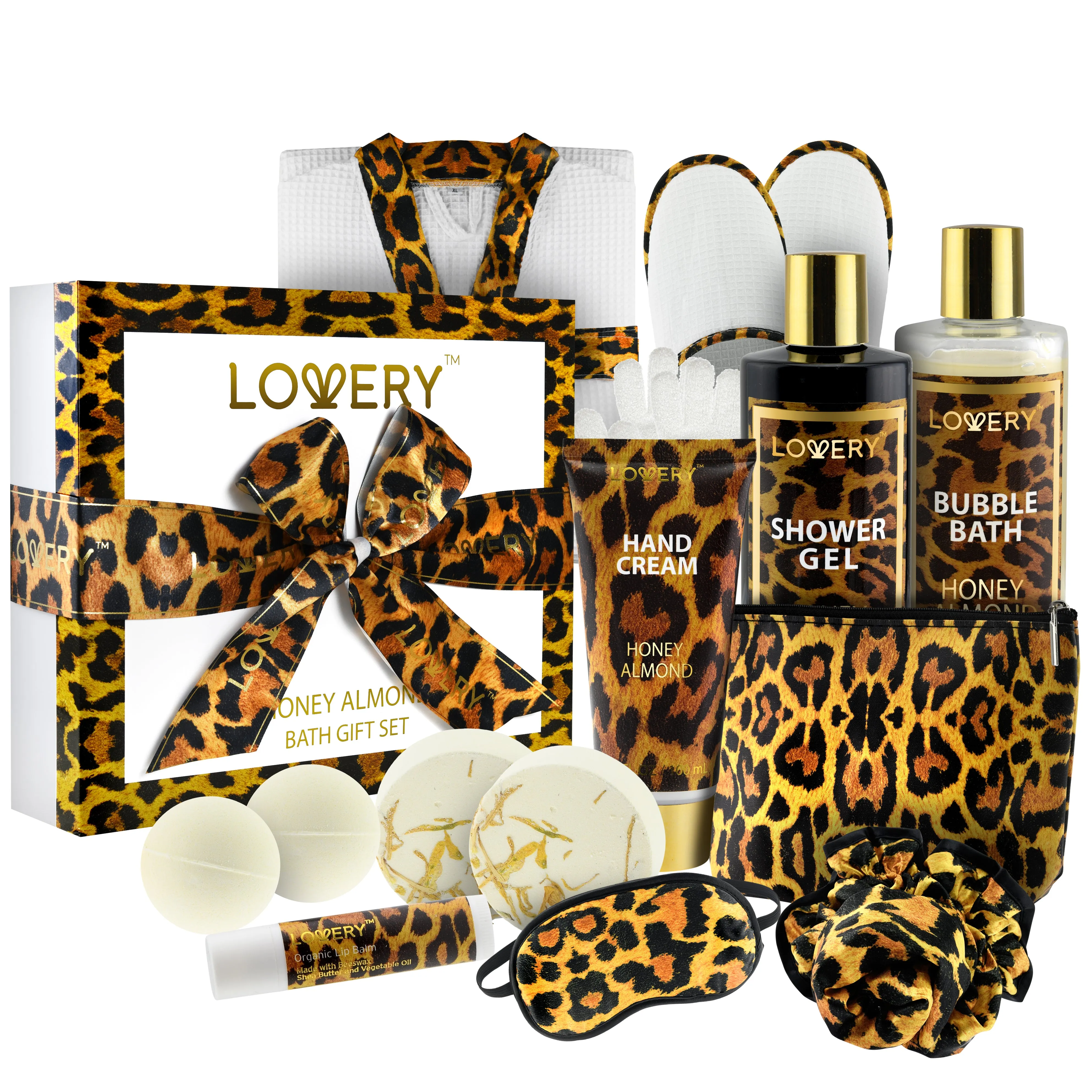 Luxe Leopard Honey Almond Bath Gift Box - 17Pc Home Spa Kit