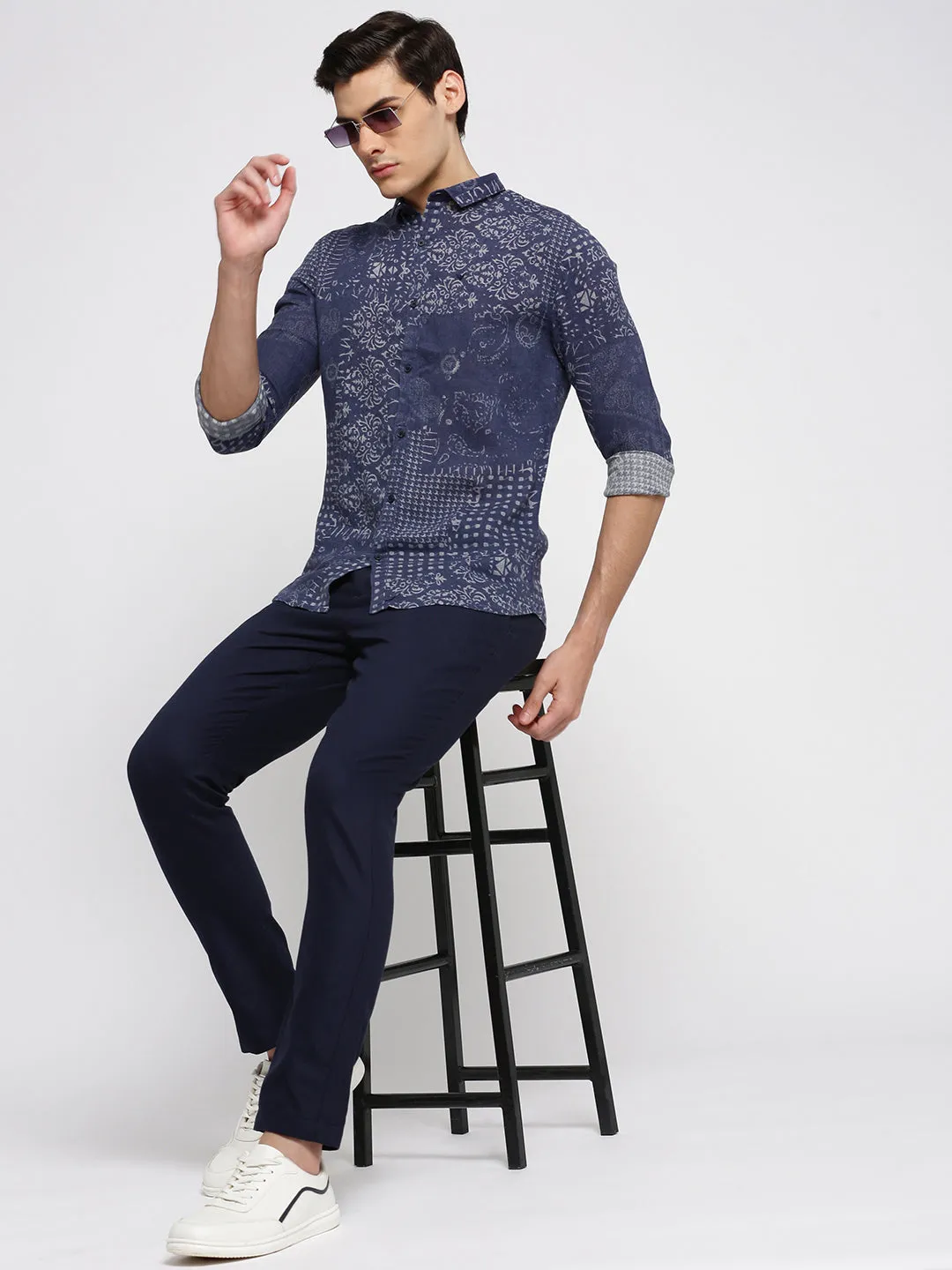 Men Blue Spread Collar Ethnic Motifs Shirt