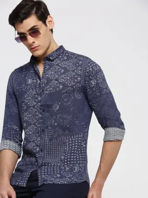 Men Blue Spread Collar Ethnic Motifs Shirt