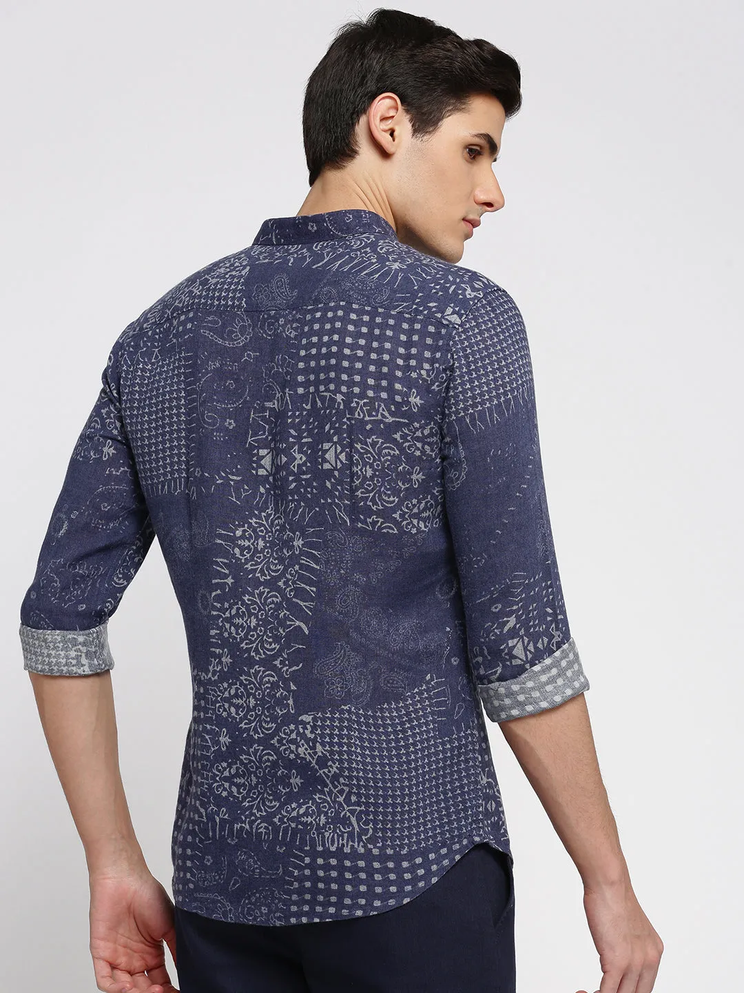 Men Blue Spread Collar Ethnic Motifs Shirt